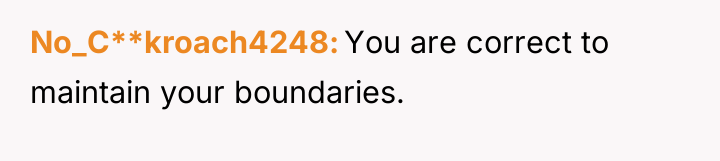 No_C**kroach4248 You are correct to maintain your boundaries.