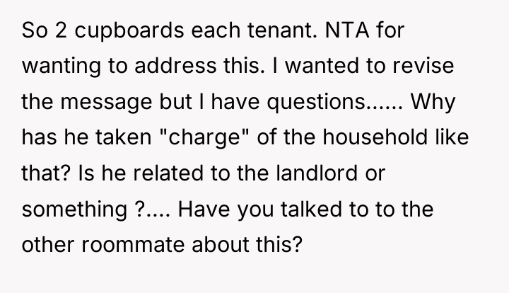 So 2 cupboards each tenant. NTA for wanting to address...