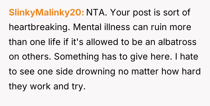 SlinkyMalinky20 NTA. Your post is sort of heartbreaking. Mental illness...
