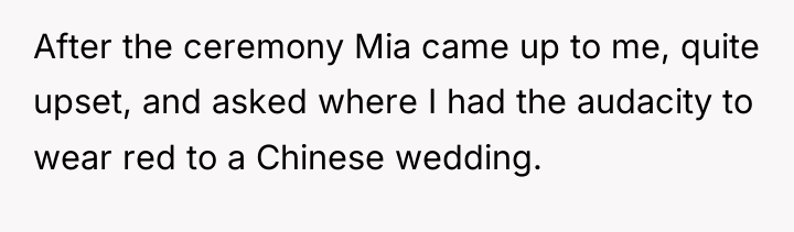 After the ceremony Mia came up to me, quite upset,...