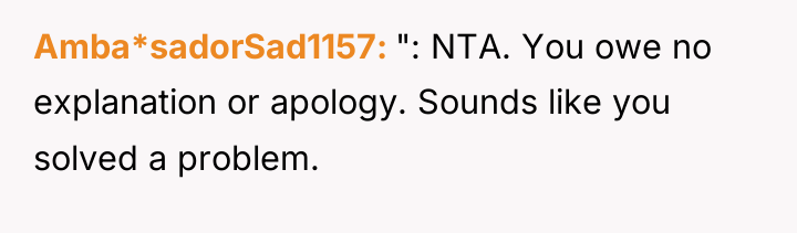Amba*sadorSad1157 ": NTA. You owe no explanation or apology. Sounds...