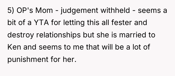 5) OP's Mom - judgement withheld - seems a bit...