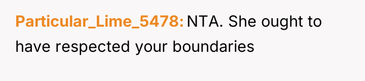 Particular_Lime_5478 NTA. She ought to have respected your boundaries
