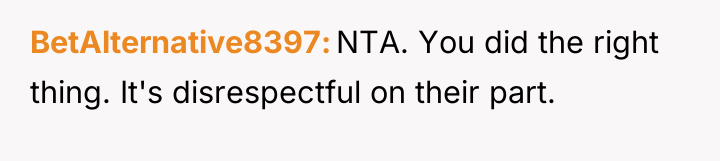 BetAlternative8397 NTA. You did the right thing. It's disrespectful on...