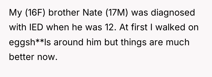 My (16F) brother Nate (17M) was diagnosed with IED when...