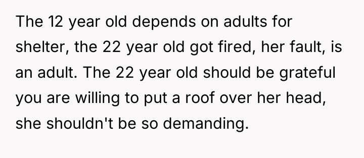 The 12 year old depends on adults for shelter, the...