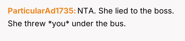 ParticularAd1735 NTA. She lied to the boss. She threw *you*...
