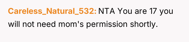 Careless_Natural_532 NTA You are 17 you will not need mom's...