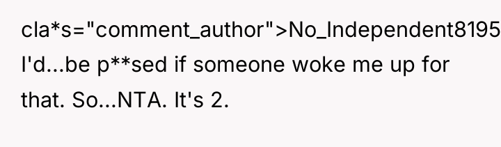 cla*s="comment_author">No_Independent8195: I'd...be p**sed if someone woke me up for that....