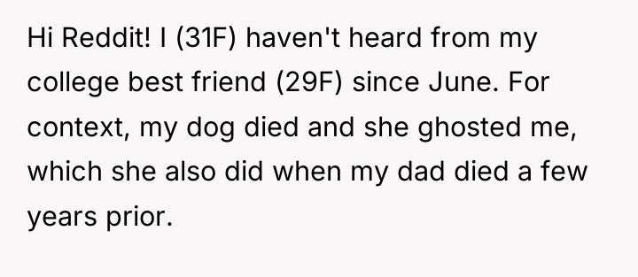 Hi Reddit! I (31F) haven't heard from my college best...