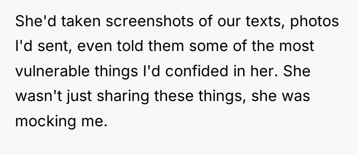 She'd taken screenshots of our texts, photos I'd sent, even...
