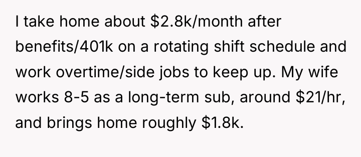 I take home about $2.8k/month after benefits/401k on a rotating...