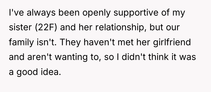 I've always been openly supportive of my sister (22F) and...