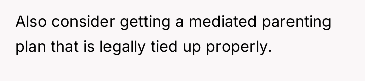 Also consider getting a mediated parenting plan that is legally...