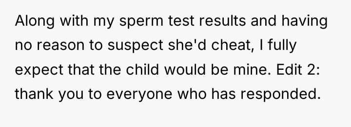 Along with my sperm test results and having no reason...