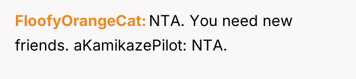 FloofyOrangeCat NTA. You need new friends. aKamikazePilot: NTA.