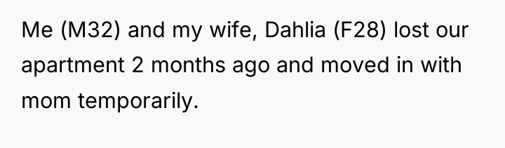 Me (M32) and my wife, Dahlia (F28) lost our apartment...