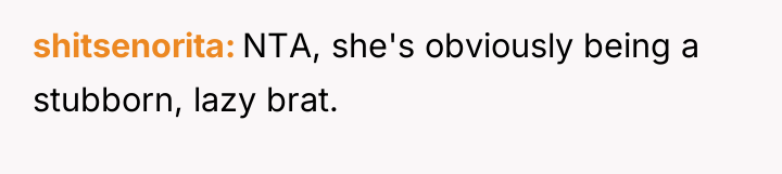 shitsenorita NTA, she's obviously being a stubborn, lazy brat.