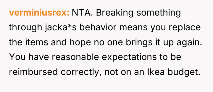 verminiusrex NTA. Breaking something through jacka*s behavior means you replace...