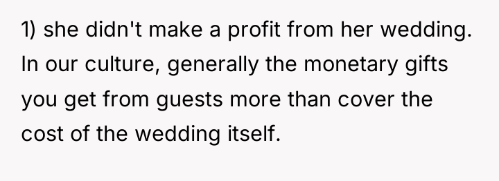 1) she didn't make a profit from her wedding. In...