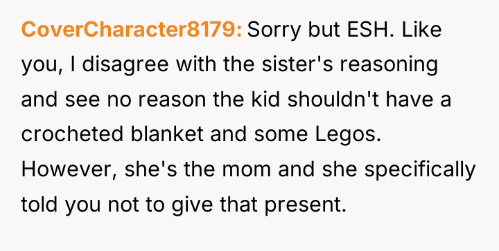CoverCharacter8179 Sorry but ESH. Like you, I disagree with the...