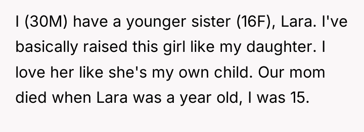 I (30M) have a younger sister (16F), Lara. I've basically...
