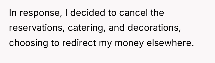 In response, I decided to cancel the reservations, catering, and...