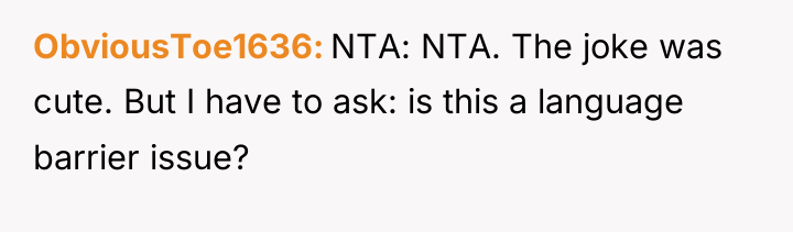 ObviousToe1636 NTA: NTA. The joke was cute. But I have...