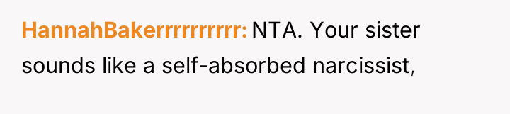 HannahBakerrrrrrrrrr NTA. Your sister sounds like a self-absorbed narcissist,