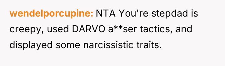 wendelporcupine NTA You're stepdad is creepy, used DARVO a**ser tactics,...