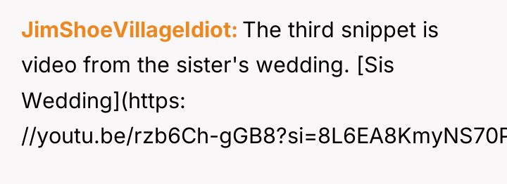 JimShoeVillageIdiot The third snippet is video from the sister's wedding....
