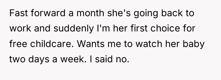 Fast forward a month she's going back to work and...