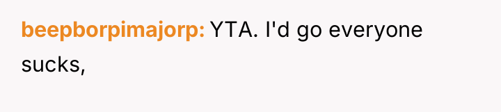 beepborpimajorp YTA. I'd go everyone sucks,