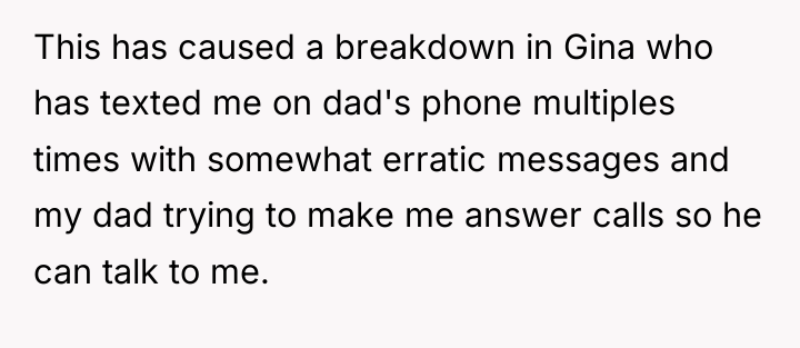 This has caused a breakdown in Gina who has texted...
