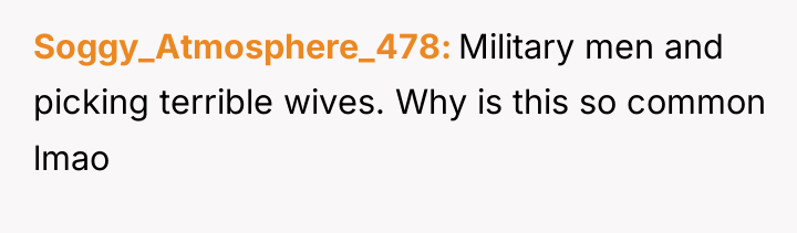 Soggy_Atmosphere_478 Military men and picking terrible wives. Why is this...
