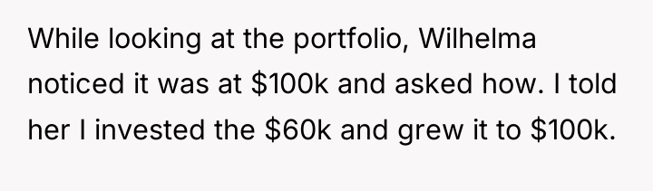While looking at the portfolio, Wilhelma noticed it was at...