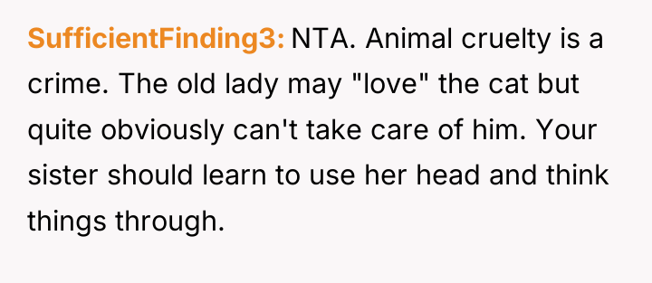 SufficientFinding3 NTA. Animal cruelty is a crime. The old lady...