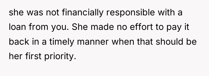she was not financially responsible with a loan from you....