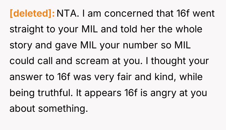 [deleted] NTA. I am concerned that 16f went straight to...