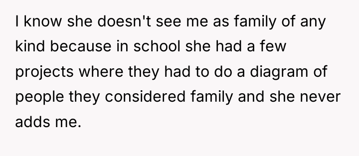 I know she doesn't see me as family of any...
