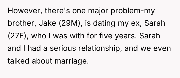 However, there's one major problem-my brother, Jake (29M), is dating...