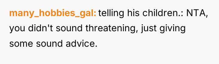 many_hobbies_gal telling his children.: NTA, you didn't sound threatening, just...