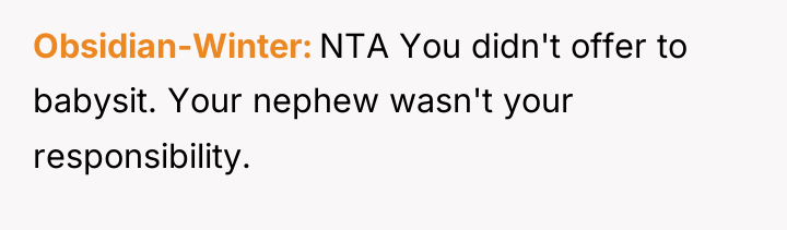 Obsidian-Winter NTA You didn't offer to babysit. Your nephew wasn't...