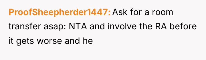 ProofSheepherder1447 Ask for a room transfer asap: NTA and involve...