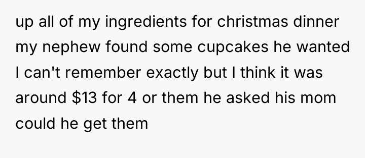 up all of my ingredients for christmas dinner my nephew...
