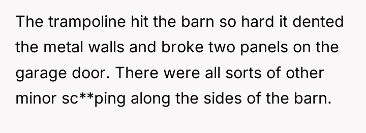 The trampoline hit the barn so hard it dented the...
