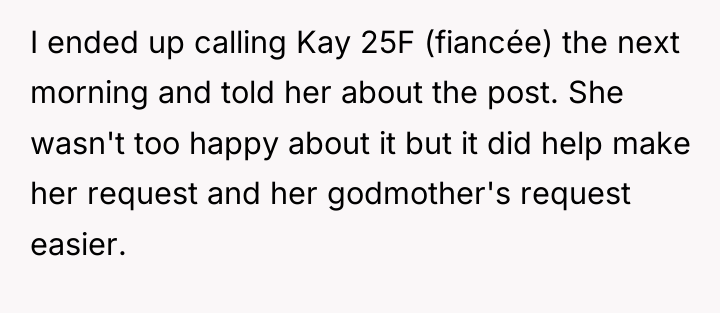 I ended up calling Kay 25F (fiancée) the next morning...