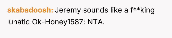 skabadoosh Jeremy sounds like a f**king lunatic Ok-Honey1587: NTA.