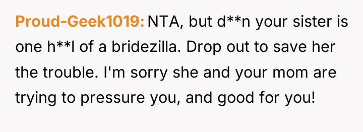 Proud-Geek1019 NTA, but d**n your sister is one h**l of...