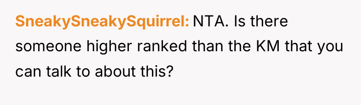 SneakySneakySquirrel NTA. Is there someone higher ranked than the KM...